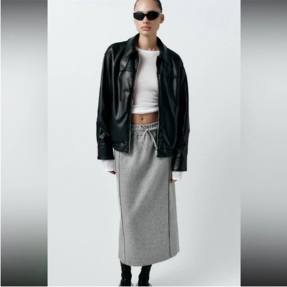 Zara, Mid-Gray, STRAIGHT FELT TEXTURE SKIRT, Large